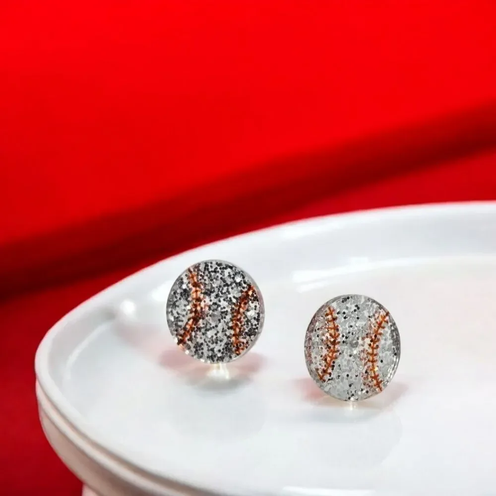 Baseball Earrings Silver Glitter Acrylic Pierced Post Sports Mom Fan Jewelry New